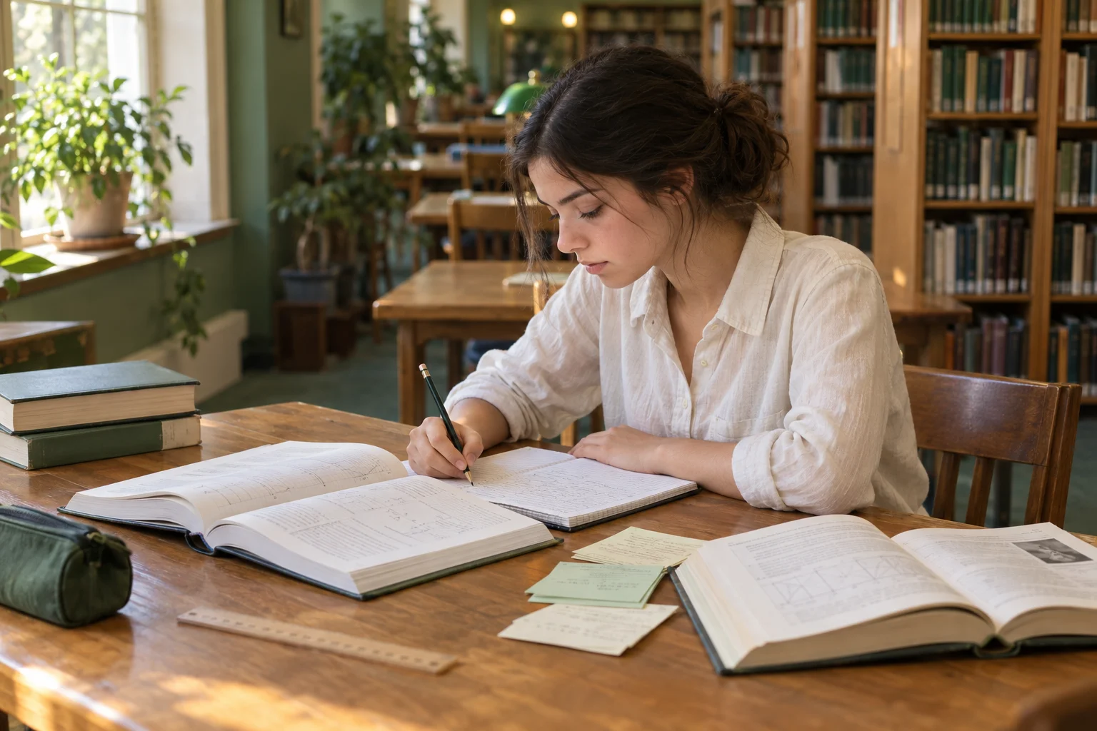 A student revising with textbooks and an open exercise book.